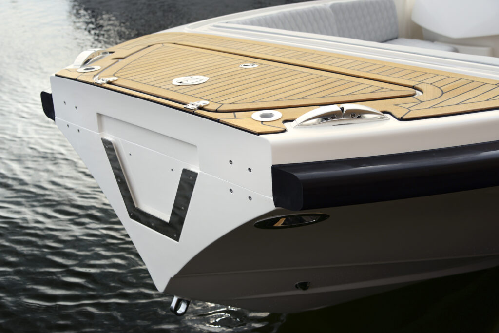 Custom teak details on a Windy yacht stern – bespoke design for a personalized boating experience